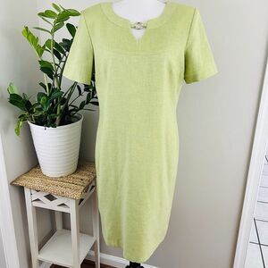 Vtg Leslie Belle Petite Flax Blend Green Shift Dress Minimalist Lagenlook Sz 10